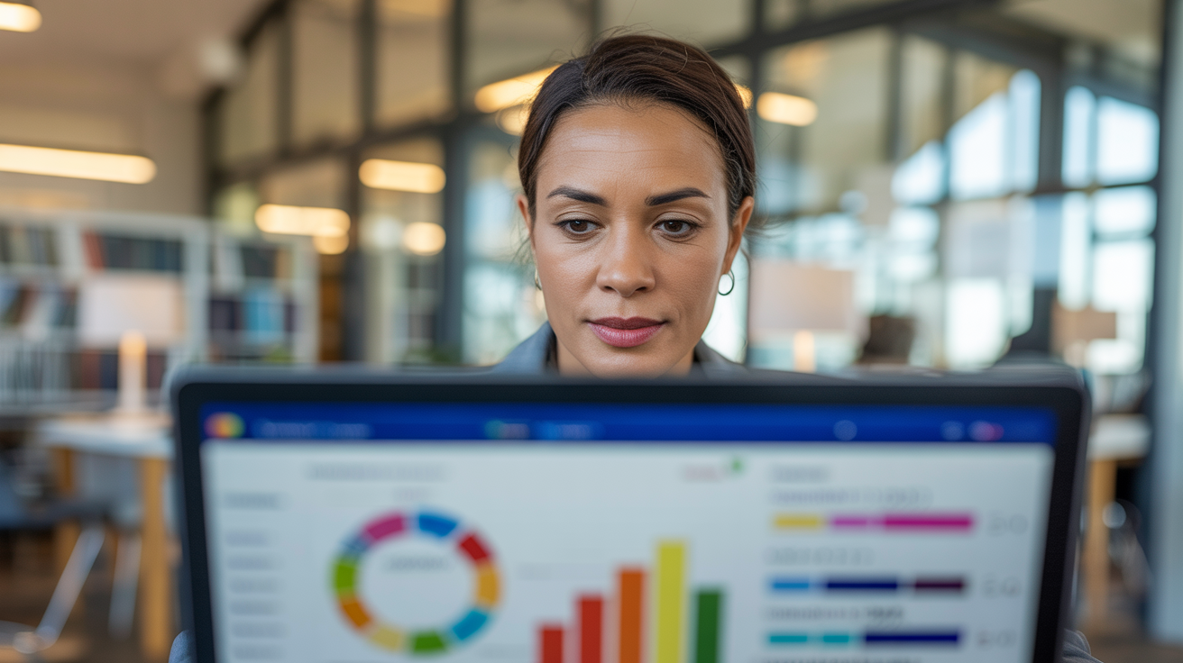 Professional woman analyzing enrollment analytics on laptop