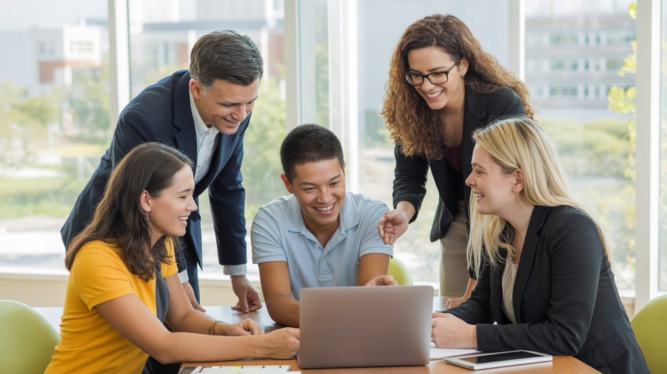Diverse enrollment professionals collaborating around analytics dashboard